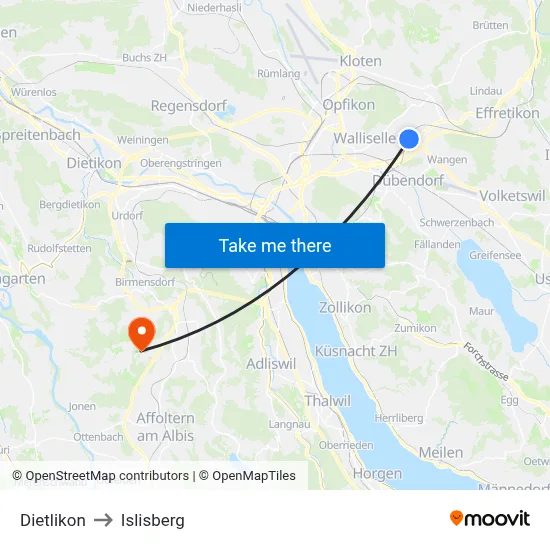 Dietlikon to Islisberg map