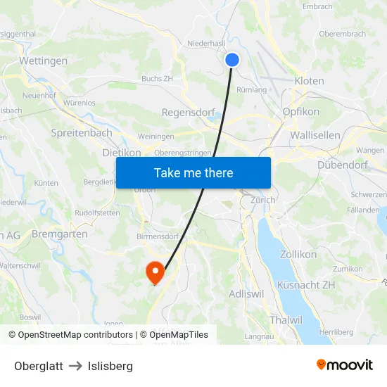 Oberglatt to Islisberg map