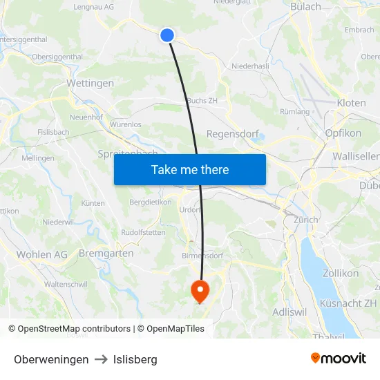 Oberweningen to Islisberg map