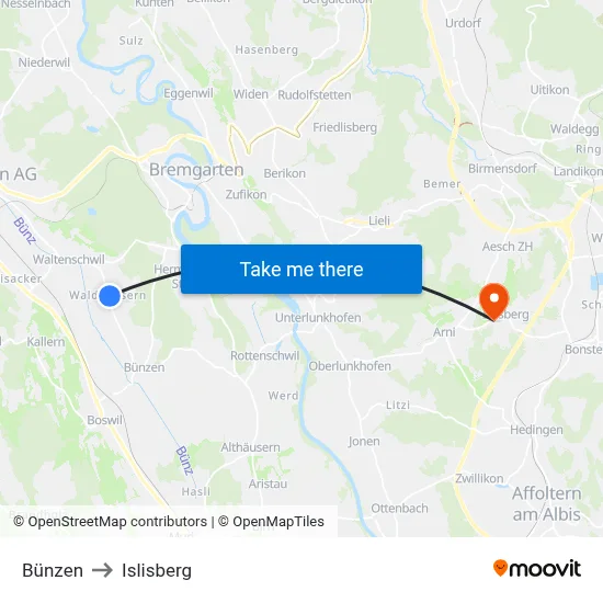 Bünzen to Islisberg map