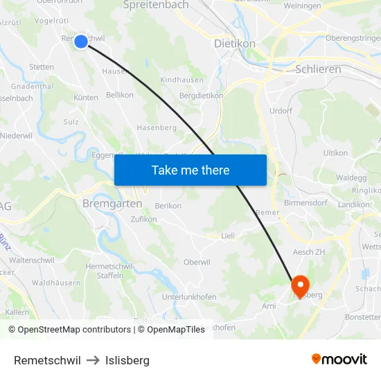 Remetschwil to Islisberg map