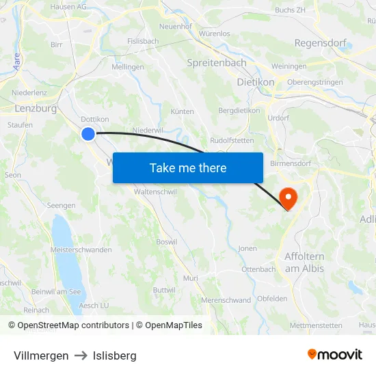 Villmergen to Islisberg map
