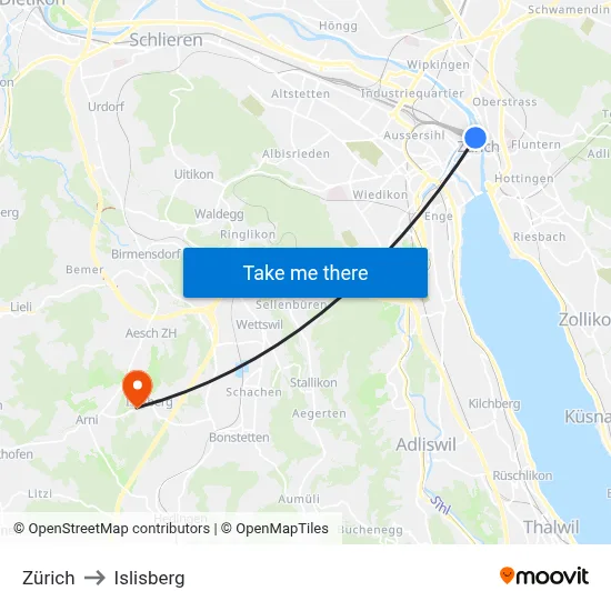 Zürich to Islisberg map