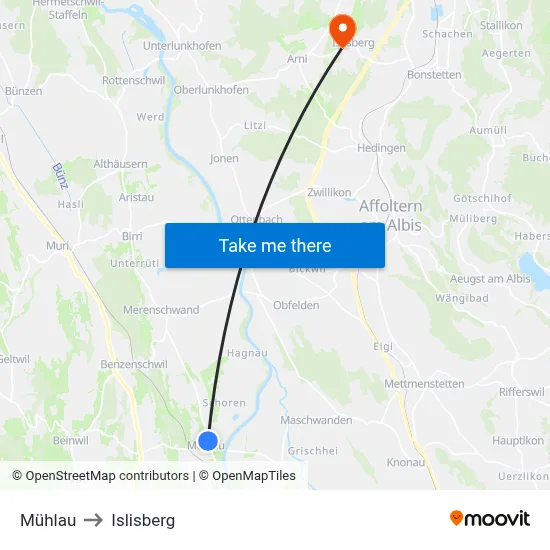 Mühlau to Islisberg map