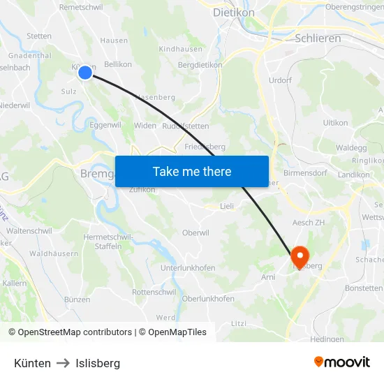 Künten to Islisberg map