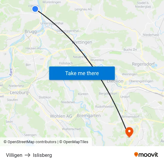 Villigen to Islisberg map