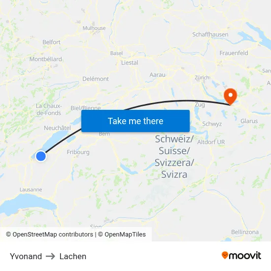 Yvonand to Lachen map