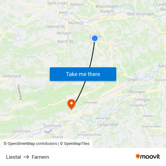 Liestal to Farnern map