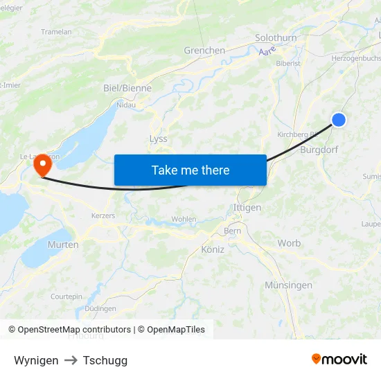Wynigen to Tschugg map