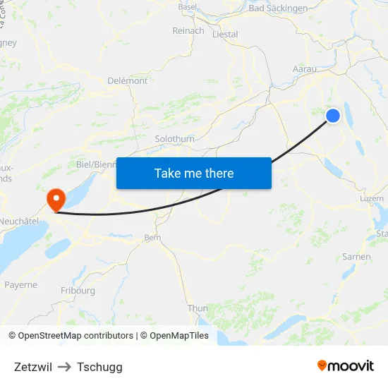 Zetzwil to Tschugg map