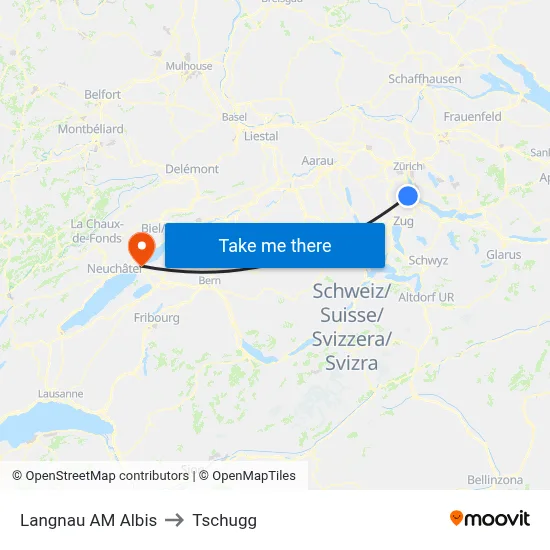 Langnau AM Albis to Tschugg map