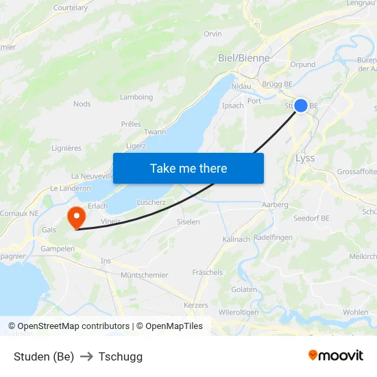 Studen (Be) to Tschugg map