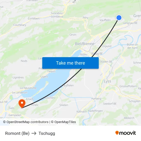 Romont (Be) to Tschugg map