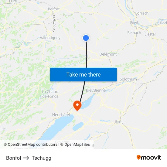 Bonfol to Tschugg map
