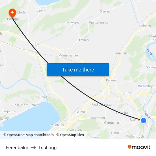 Ferenbalm to Tschugg map