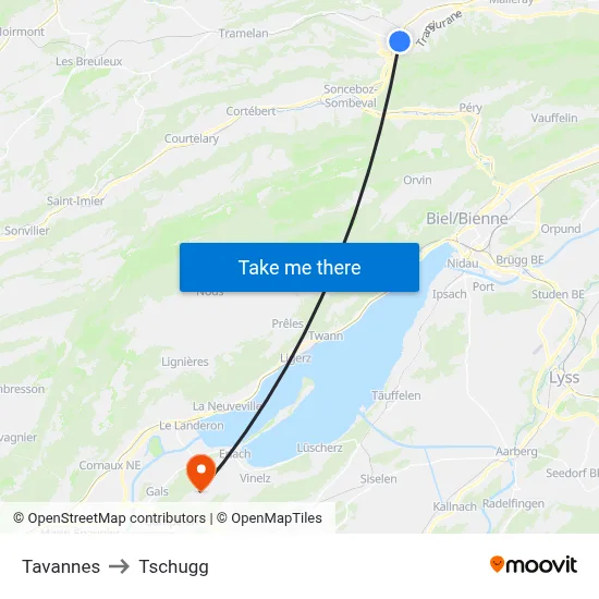 Tavannes to Tschugg map
