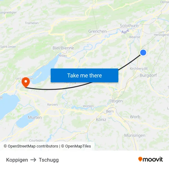 Koppigen to Tschugg map