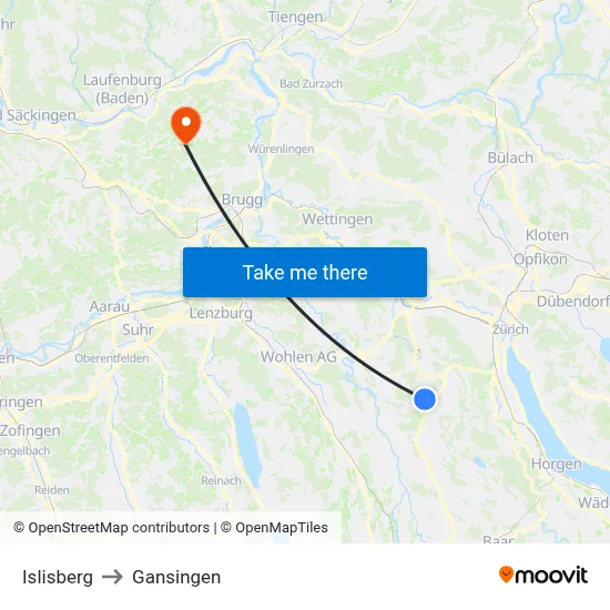 Islisberg to Gansingen map