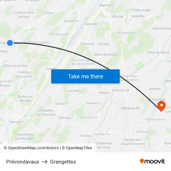 Prévondavaux to Grangettes map