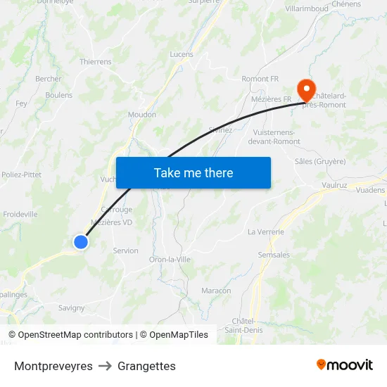 Montpreveyres to Grangettes map