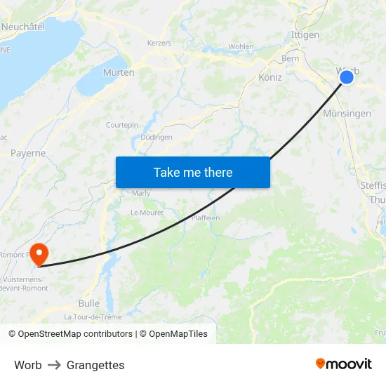 Worb to Grangettes map