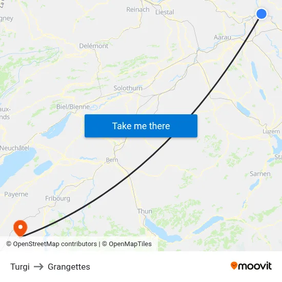 Turgi to Grangettes map