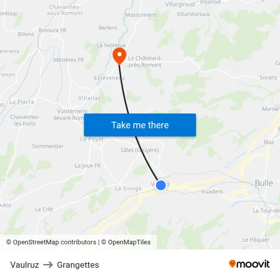 Vaulruz to Grangettes map