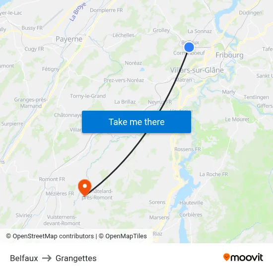 Belfaux to Grangettes map