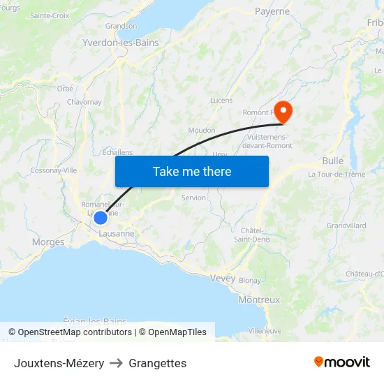 Jouxtens-Mézery to Grangettes map