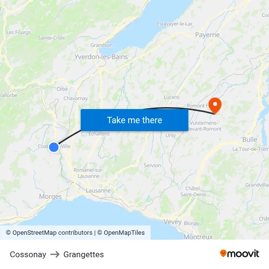 Cossonay to Grangettes map