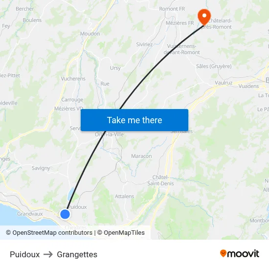 Puidoux to Grangettes map
