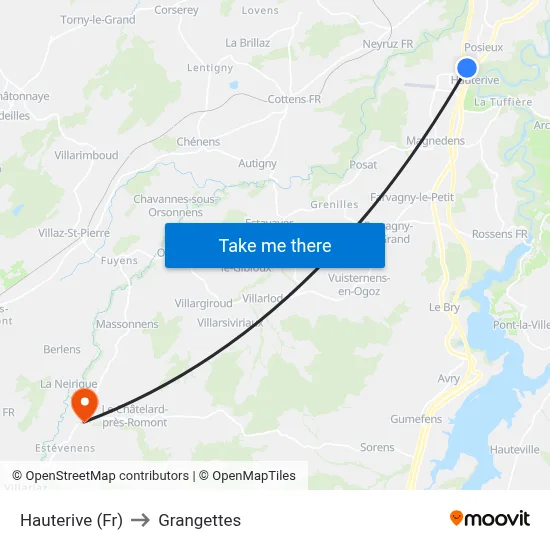 Hauterive (Fr) to Grangettes map
