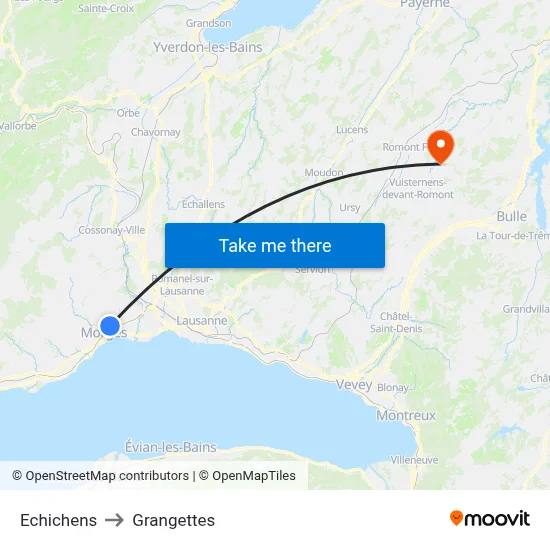 Echichens to Grangettes map