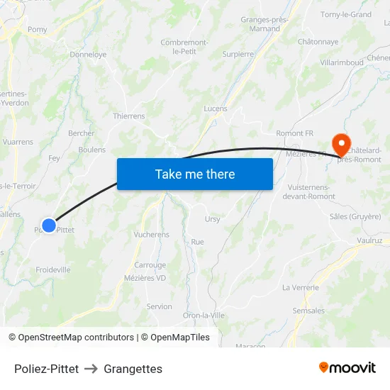 Poliez-Pittet to Grangettes map