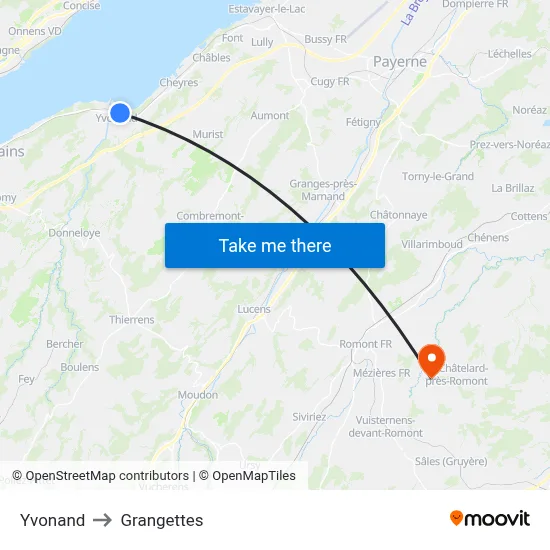 Yvonand to Grangettes map