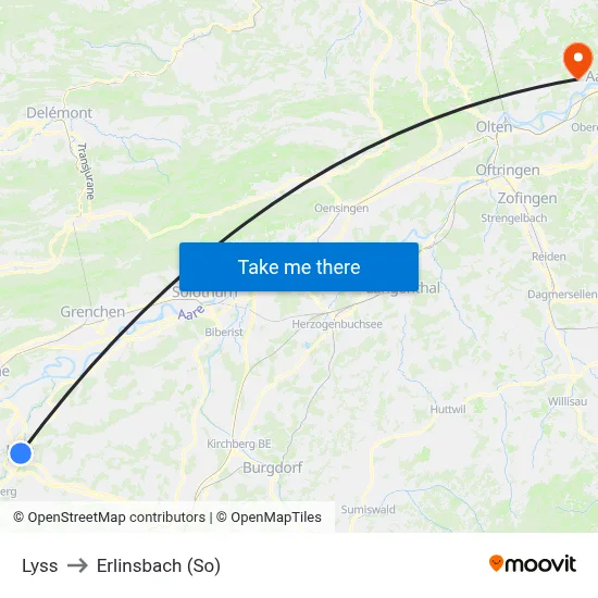 Lyss to Erlinsbach (So) map