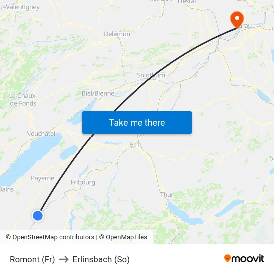 Romont (Fr) to Erlinsbach (So) map