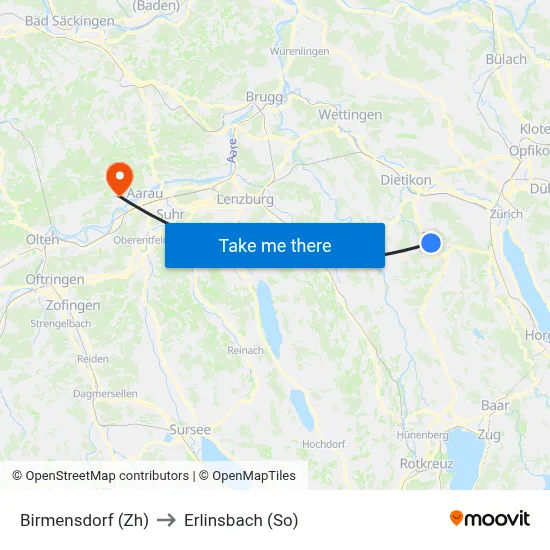 Birmensdorf (Zh) to Erlinsbach (So) map