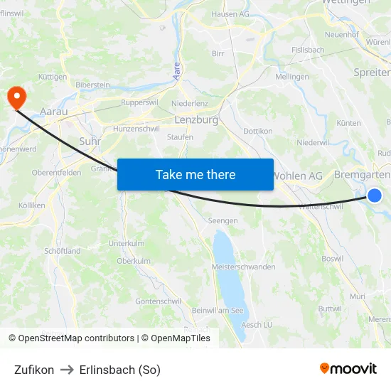 Zufikon to Erlinsbach (So) map