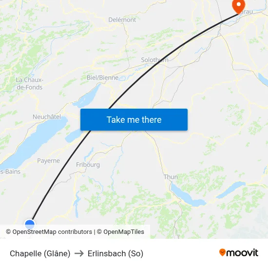 Chapelle (Glâne) to Erlinsbach (So) map
