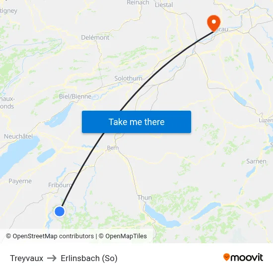 Treyvaux to Erlinsbach (So) map