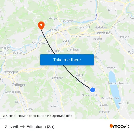 Zetzwil to Erlinsbach (So) map