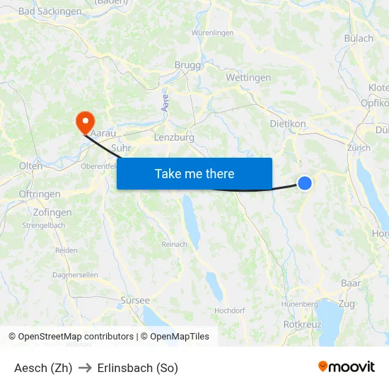 Aesch (Zh) to Erlinsbach (So) map