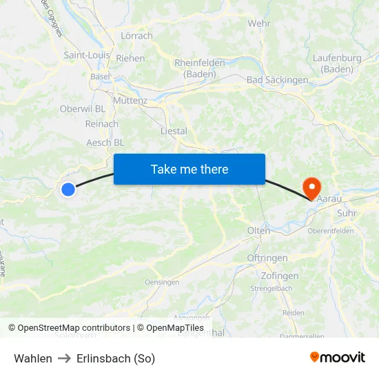 Wahlen to Erlinsbach (So) map