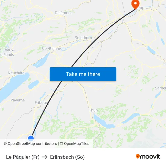 Le Pâquier (Fr) to Erlinsbach (So) map