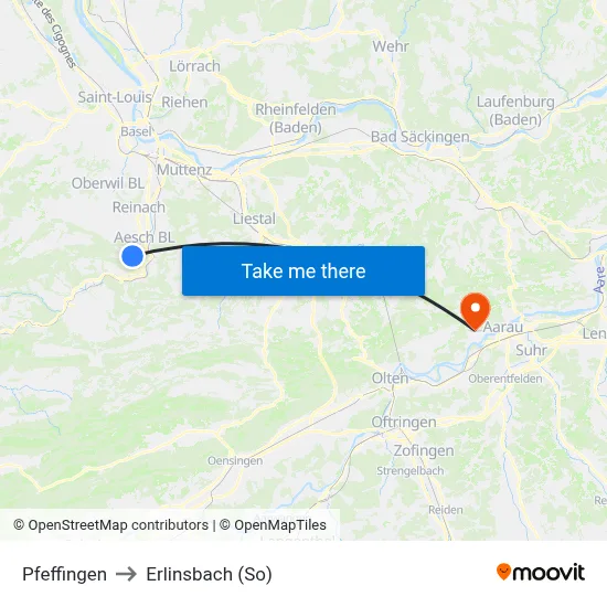 Pfeffingen to Erlinsbach (So) map