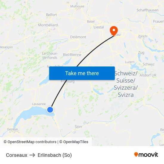 Corseaux to Erlinsbach (So) map