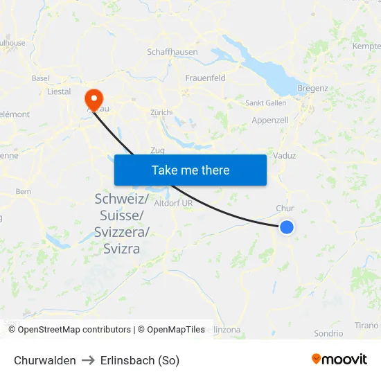 Churwalden to Erlinsbach (So) map