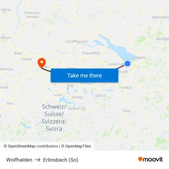 Wolfhalden to Erlinsbach (So) map