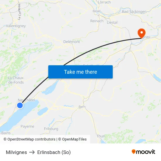 Milvignes to Erlinsbach (So) map